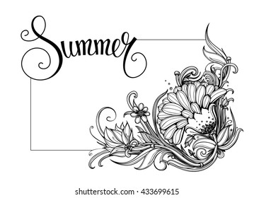 Horizontal vector banner design with isolated flowers and hand lettering Summer text. Retro style border design. Vintage floral frame and handwritten calligraphy. Botanical drawing. EPS 10