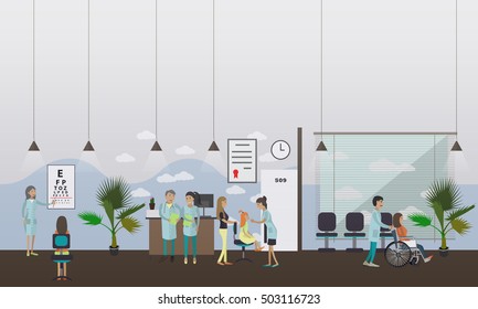 Horizontal vector banner with doctors and hospital interiors. Medicine concept. Patients passing medical check up. Flat cartoon illustration.