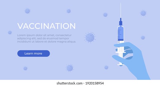 Horizontal vector banner with drawing of vaccination on blue background. Hand with a syringe and a vaccine. Vaccine against Covid-19. Vectronic illustration EPS 10