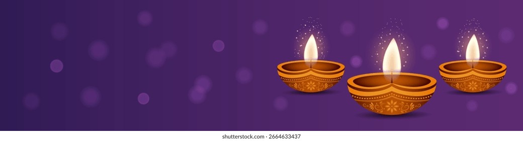 Anuncio de Vector Horizontal para el festival indio Diwali con fondo púrpura con efecto bokeh y espacio vacío para texto.