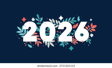 Horizontal vector banner with large 2026 typography and colorful decorative leaves. Perfect for headers and social media for New Year.