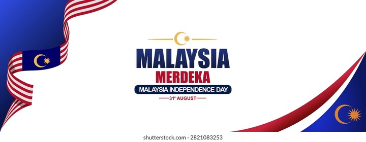 Horizontal vector banner for Malaysia Independence Day on August 31, featuring a graceful flowing Jalur Gemilang ribbon on the left, crescent star corner design, and central copy space.