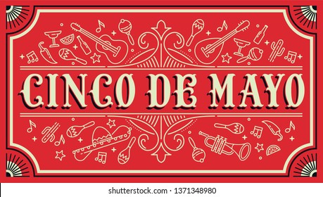 Horizontal vector banner on Cinco de Mayo holiday celebration. Modern Fifth of May holiday themed flyer layout with red background, quality lettering and linear Mexican themed decorative elements