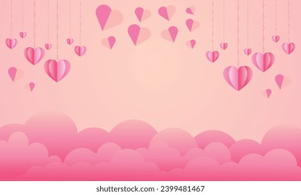 Horizontal vector banner with pink sky and paper cut clouds. Happy Valentine's day sale header or voucher template with hearts. Place for text. love vector background. 
