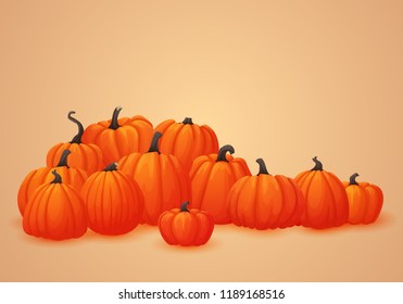 Horizontal vector banner, poster, card, leaflet, border or frame design. Pile of orange pumpkins of different shape and size. Autumn harvest, market, web site, thanksgiving or halloween background tem