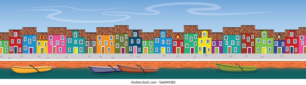 Horizontal vector banner with river channel, boats, pier and quay street. Bight colored houses.