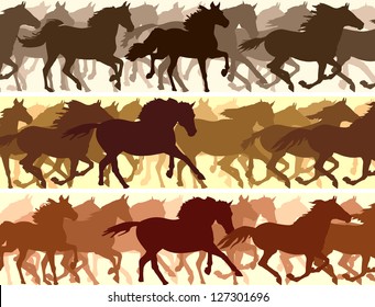 Horizontal vector banner: silhouette herd of horses.