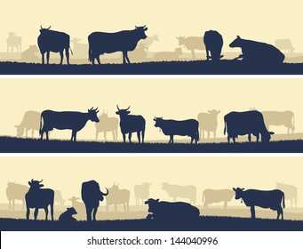 Horizontal vector banner: silhouettes of grazing animals (cows and bulls).