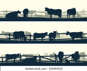 Horizontal vector banner silhouettes of grazing farm animals with fence (cows and bulls).  