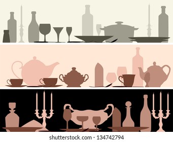 Horizontal vector banner: silhouettes set table with serving utensils.