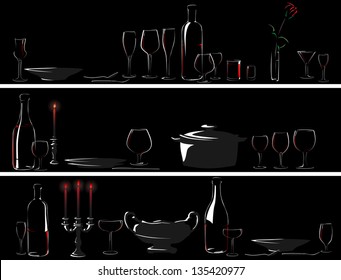 Horizontal vector banner: silhouettes set table with serving utensils (dinner by candlelight).