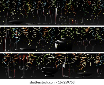 Horizontal vector banner: silhouettes set of glasses and drinks with colored confetti on black.