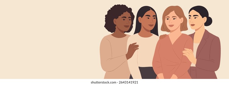 Horizontal vector banner with space for text for women's day, women of different cultures and nationalities standing together expressing support. Movements for gender equality and women's empowerment