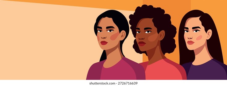 Anuncio de Vector Horizontal con espacio para texto para el Día Internacional de la Mujer, 8 de marzo. Mujeres de diferentes culturas, colores de piel, nacionalidades se unen. Movimientos en favor de la igualdad de género y el empoderamiento de la mujer