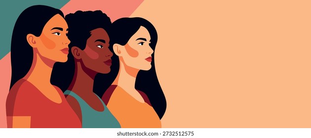 Horizontal vector banner with space for text for Women's Day, March 8. Women of different cultures, skin color stand together. Symbol gender equality, diversity, feminism, freedom, women's empowerment