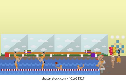 Horizontal vector banner with swimming pool interior. Water sport concept. People training and exercising. Flat cartoon illustration