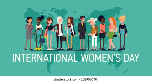 Horizontal vector banner template on International Women's Day vector concept with diverse group of women of different age, race and outfits