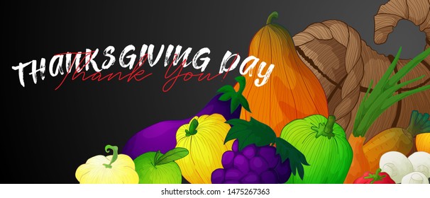 horizontal vector banner for thanksgiving day or harvest festival with hand draw illustration of cornucopia or horn of plenty with vegetables and fruits and mushrooms on dark background and text