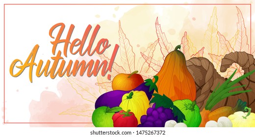 Horizontal vector banner for thanksgiving day or harvest festival with hand draw cornucopia or horn of plenty with vegetables and fruits and mushrooms on white background with outline autumn leaves