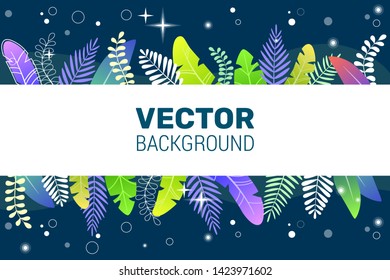 Horizontal vector banner in trendy stylish flat style on green blue background and bright gradient colors - background with white space for text. Space plants, leaves in blue tones. For greeting card
