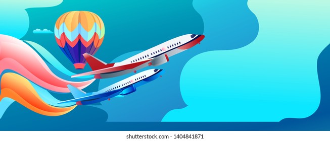 horizontal vector banner two airplanes flying in abstract clouds spraying puffs of colored smoke, for a spectacle in an air show, a balloon