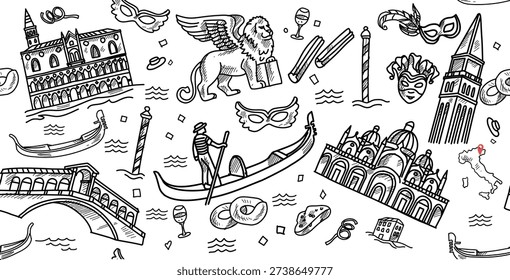 Horizontal vector banner, Venice theme, black and white doodle style