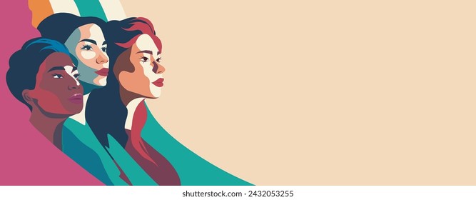 Horizontal vector banner for Women's Day, women of different cultures and nationalities together on a light background. Vector concept of movement for gender equality and women's empowerment