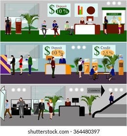 Horizontal vector banners with bank interiors. Finance and money concept. Flat cartoon illustration. Counter desk, cashier, consulting, currency exchange, ATM.