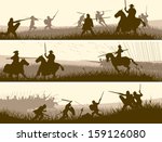 Horizontal vector banners of battle fighting swordsmen, spearmen and cavalry in the battle field.