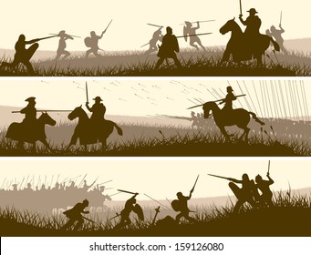 Horizontal vector banners of battle fighting swordsmen, spearmen and cavalry in the battle field.