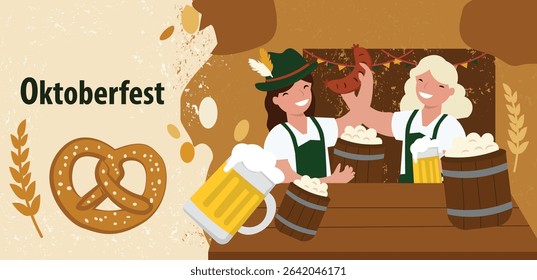 horizontal vector banners celebrating Oktoberfest. Features beer, pretzels, sausages, Bavarian patterns and festive scenes. Ideal for web headers and event promotions.