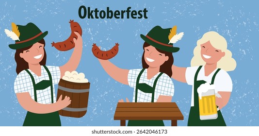 horizontal vector banners celebrating Oktoberfest. Features beer, pretzels, sausages, Bavarian patterns and festive scenes. Ideal for web headers and event promotions.