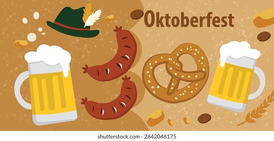 horizontal vector banners celebrating Oktoberfest. Features beer, pretzels, sausages, Bavarian patterns and festive scenes. Ideal for web headers and event promotions.