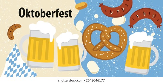 horizontal vector banners celebrating Oktoberfest. Features beer, pretzels, sausages, Bavarian patterns and festive scenes. Ideal for web headers and event promotions.