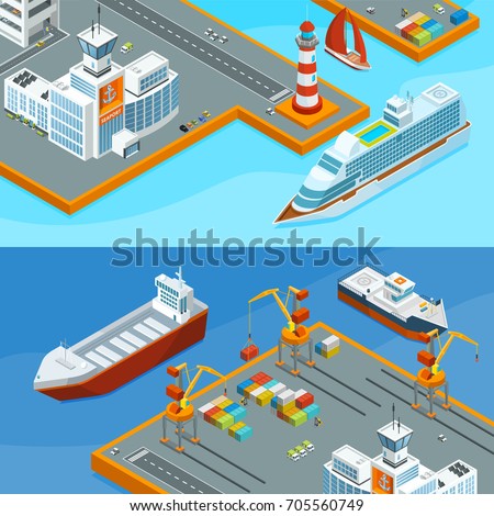 Horizontal vector banners with sea ships in port