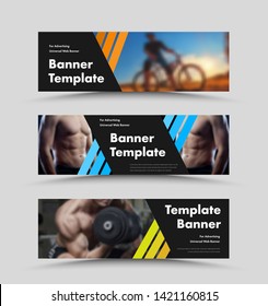 Horizontal vector  black web banner templates with diagonal color lines and space for photo. Design for a site with sprotivny thematics. Set