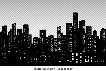Horizontal vector black and white background of modern cityscape silhouette with night lights.