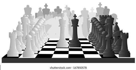 Horizontal vector black and white illustration of chess game.