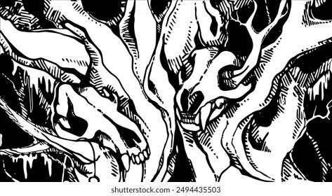 
Horizontal vector black and white picture with two toothy animal skulls on an old branchy tree.