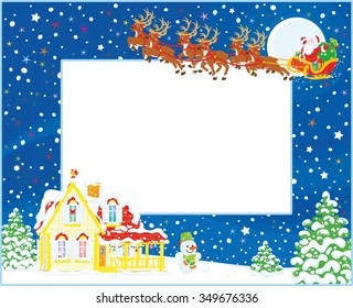 Horizontal vector border with magic reindeers flying Santa Claus in his sleigh on snowy Christmas eve night