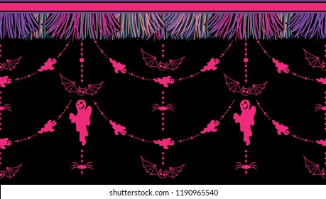 Horizontal vector border pattern for Halloween design. Cute vertical tassels with spooky ghosts, spiders and beads ribbons. Colorful, festive elements for Halloween party borders, cards and more