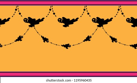Horizontal vector border pattern for Halloween design. Cute vertical tassels with spooky ghosts, spiders and beads ribbons. Colorful, festive elements for Halloween party borders, cards and more