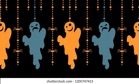 Horizontal vector border pattern for Halloween design. Cute vertical tassels with spooky ghosts, spiders and beads ribbons. Colorful, festive elements for Halloween party borders, cards and more