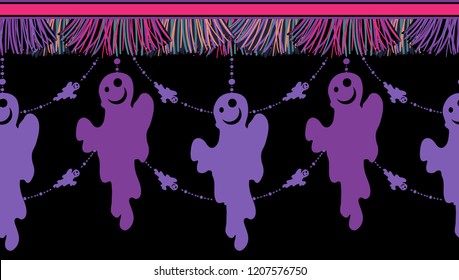 Horizontal vector border pattern for Halloween design. Cute vertical tassels with spooky ghosts, spiders and beads ribbons. Colorful, festive elements for Halloween party borders, cards and more