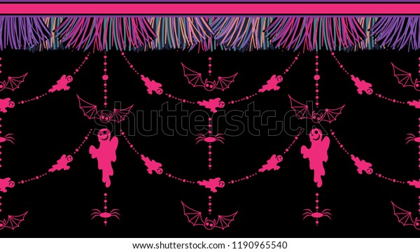 Horizontal vector border pattern for Halloween
design. Cute vertical tassels with spooky ghosts, spiders and beads
ribbons. Colorful, festive elements for Halloween party borders,
cards and more