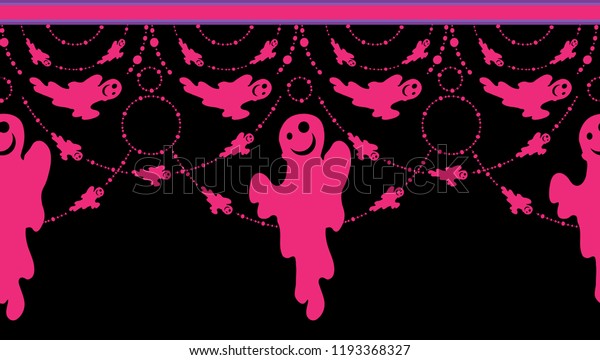 Horizontal vector border pattern for Halloween
design. Cute vertical tassels with spooky ghosts, spiders and beads
ribbons. Colorful, festive elements for Halloween party borders,
cards and more