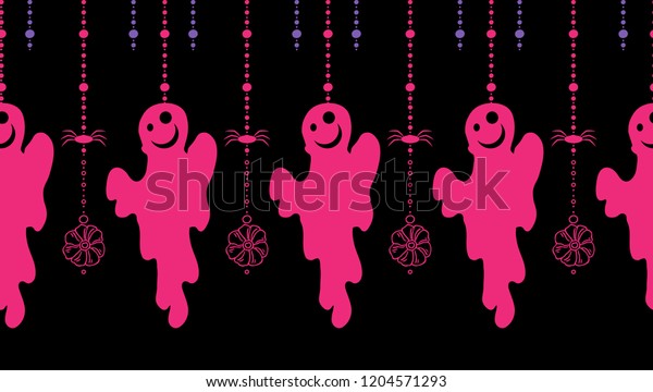 Horizontal vector border pattern for Halloween\
design. Cute vertical tassels with spooky ghosts, spiders and beads\
ribbons. Colorful, festive elements for Halloween party borders,\
cards and more