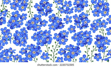 Horizontal vector botanical background with blue flowers Forget me not. Isolated on white background realistic flowers. Wallpaper for your design, prints, postcards, banners, backgrounds, advertising