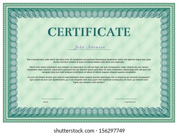 Horizontal vector certificate template with guilloche elements. Green