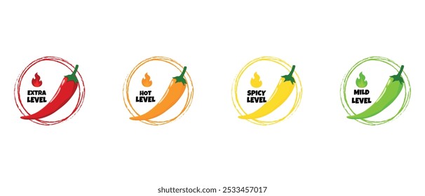 Escala de unidad de calor de chile de Vector Horizontal o Plantilla de diseño de infografía de medida con chile picante rojo y llama. Fuerza extra, picante, caliente y suave. Emblemas de la escala de alimentos salados